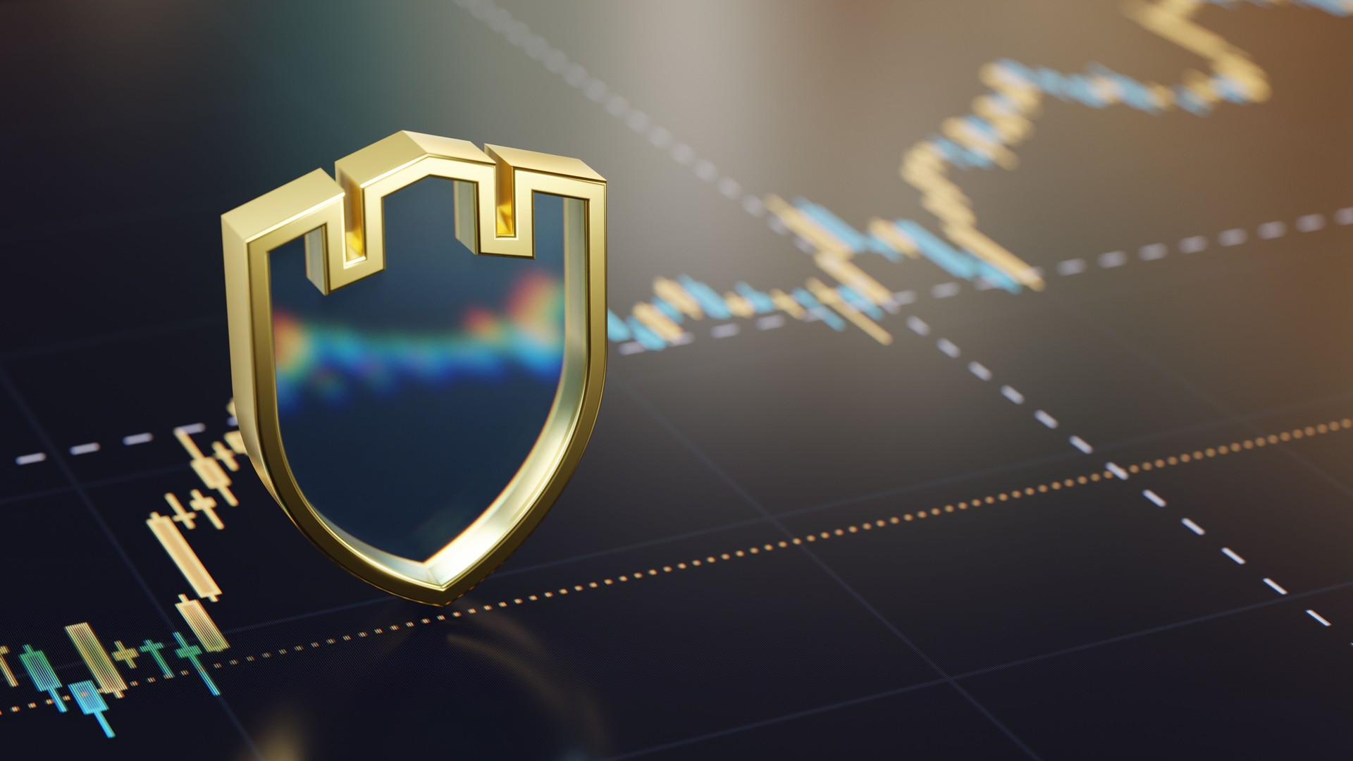 Golden Shield with Fortress Elements, 3D icon Over Financial Graph Representing Data Security and Market Protection